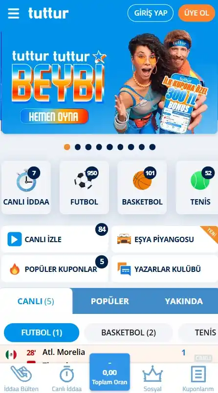 Mobil uygulama arayüzü, giriş yapma ve üye olma seçenekleri ile futbol, basketbol ve tenis gibi popüler spor dallarına hızlı erişim sağlar.